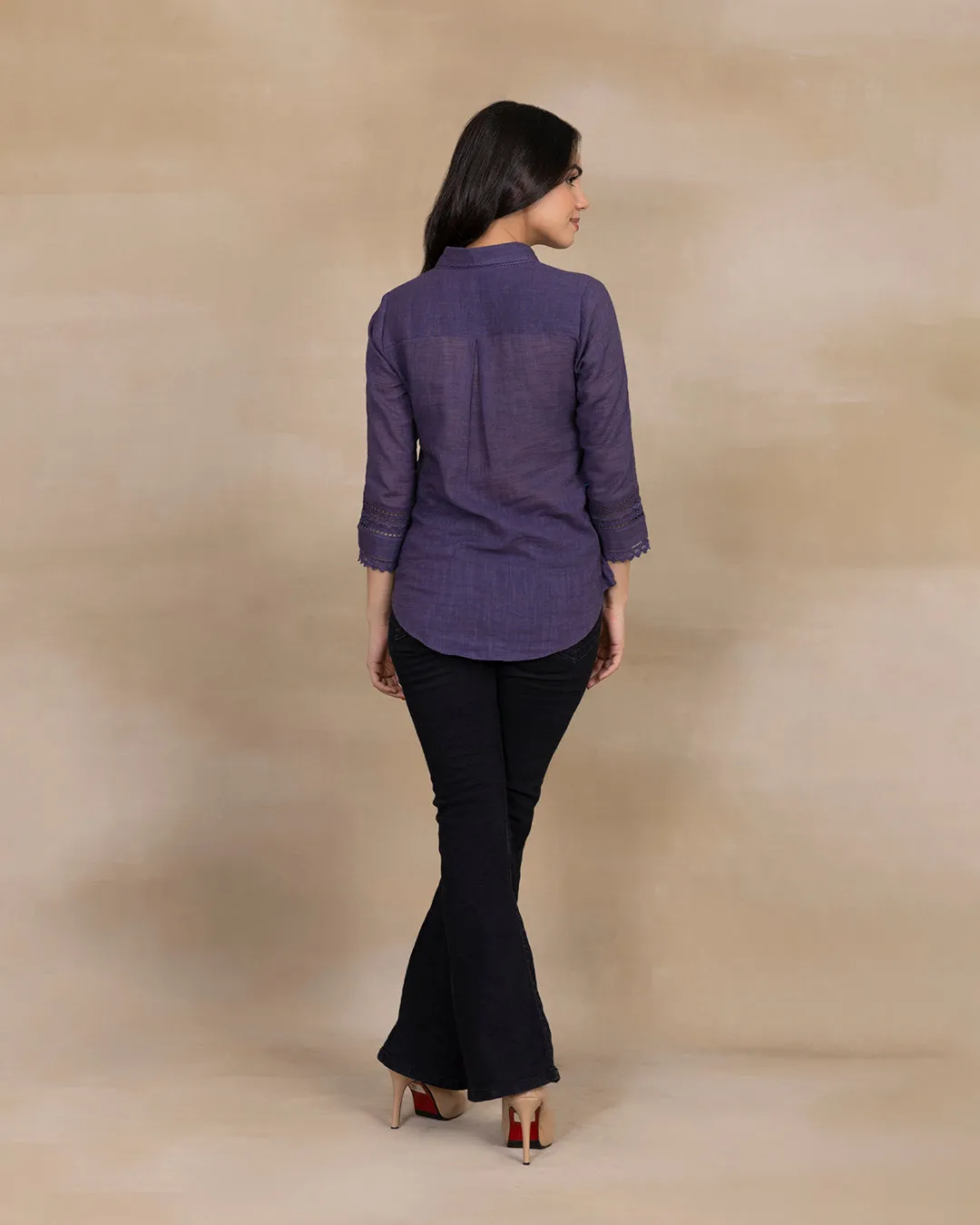 Greyish Blue Cotton Linen Embroidred Ready To Wear Shirt