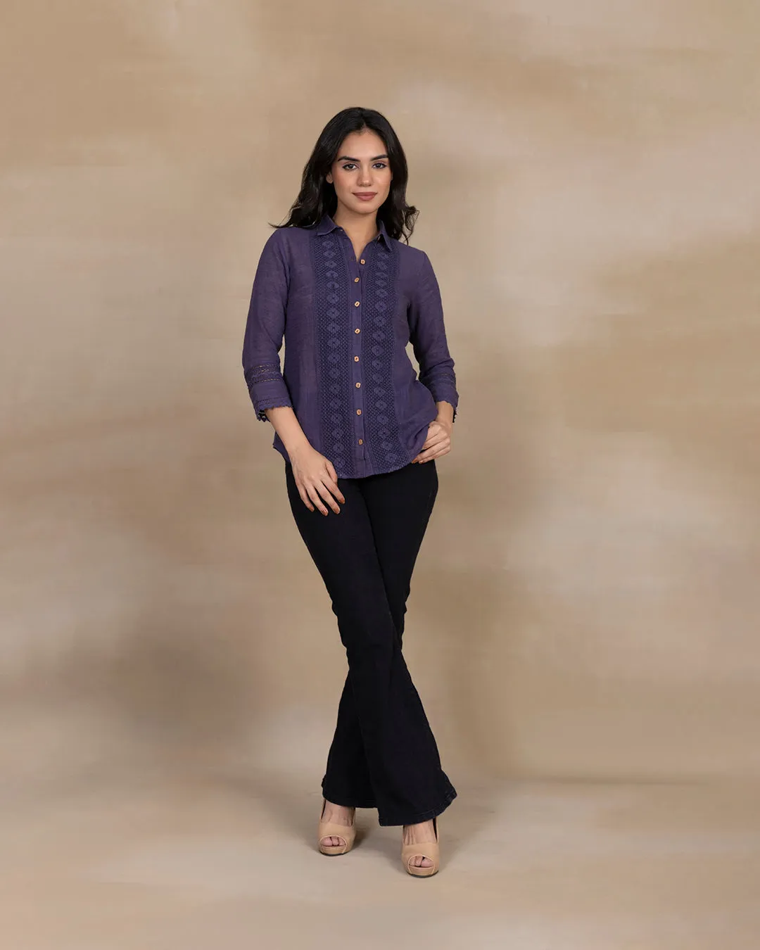 Greyish Blue Cotton Linen Embroidred Ready To Wear Shirt
