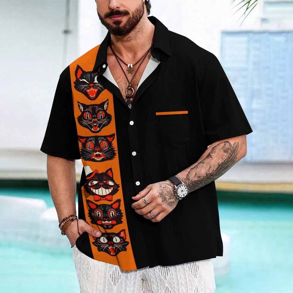 Halloween Black Cat Casual Large Size Short Sleeve Shirt 2408001530