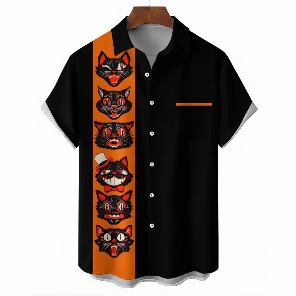 Halloween Black Cat Casual Large Size Short Sleeve Shirt 2408001530
