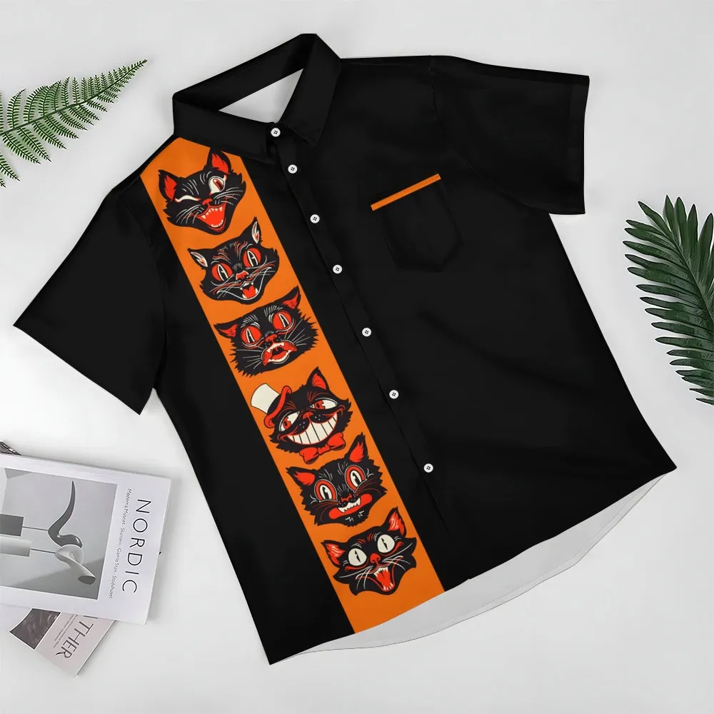 Halloween Black Cat Casual Large Size Short Sleeve Shirt 2408001530