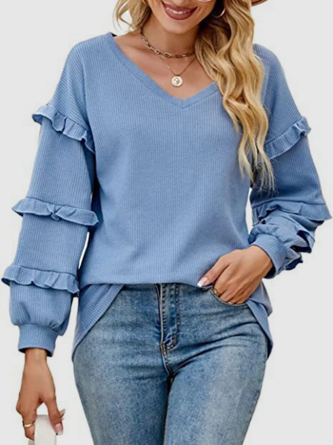 Harlow Ruffled V-Neck Long Sleeve T-Shirt