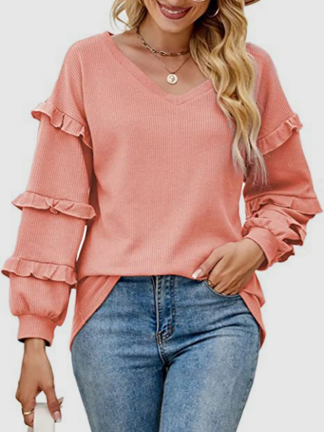 Harlow Ruffled V-Neck Long Sleeve T-Shirt