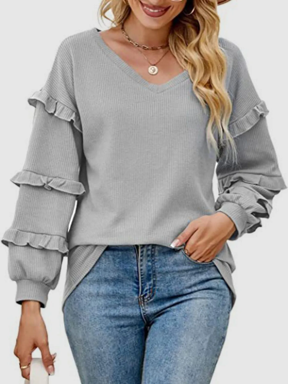 Harlow Ruffled V-Neck Long Sleeve T-Shirt