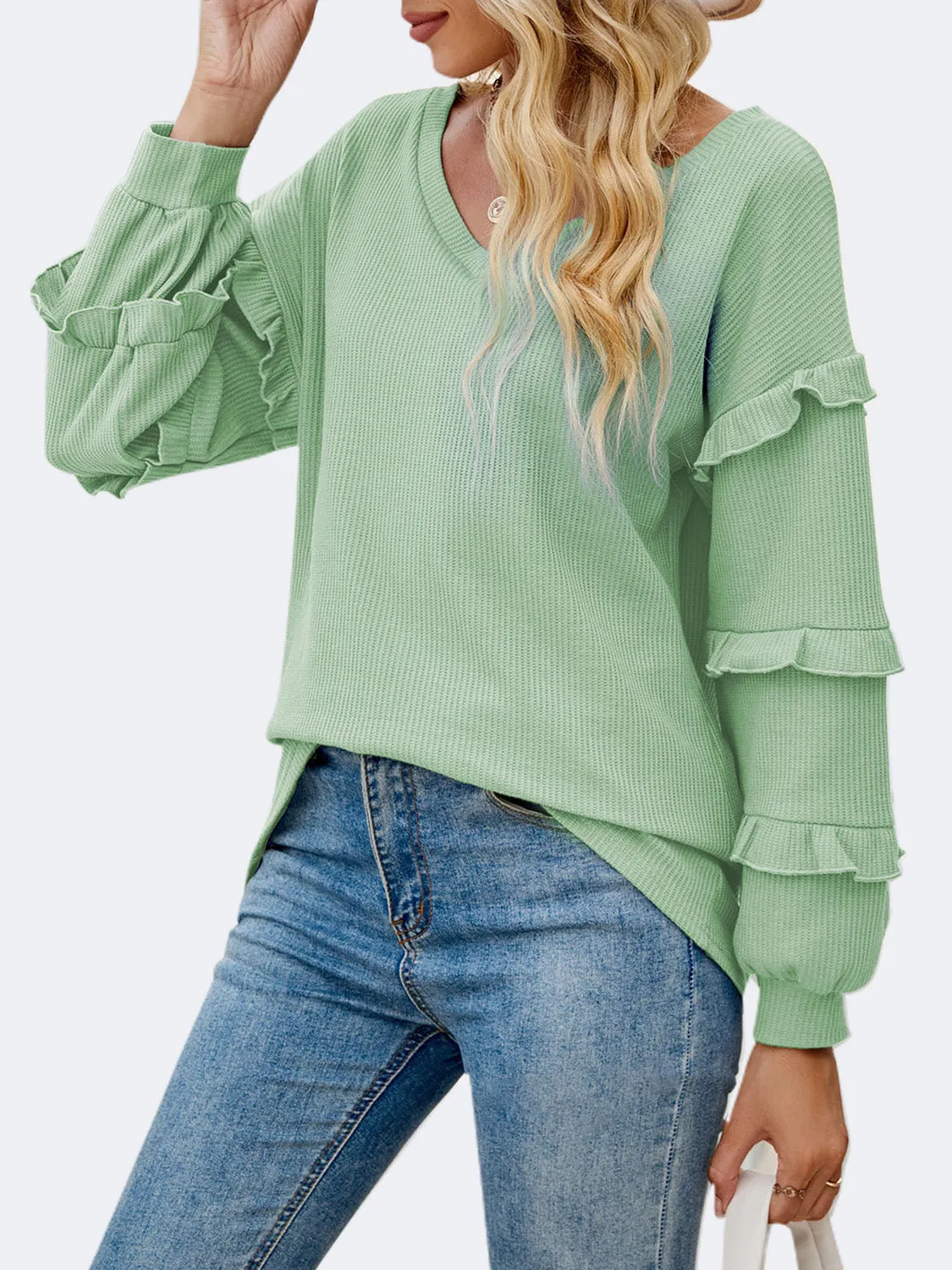 Harlow Ruffled V-Neck Long Sleeve T-Shirt