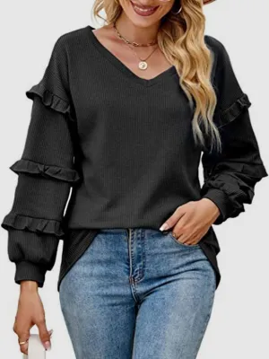 Harlow Ruffled V-Neck Long Sleeve T-Shirt
