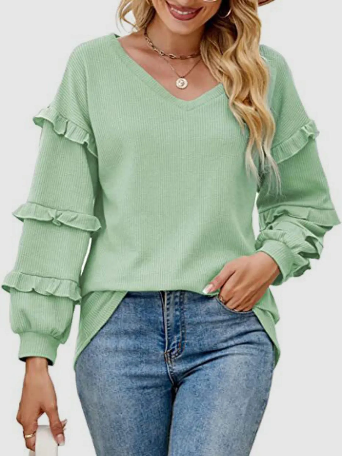 Harlow Ruffled V-Neck Long Sleeve T-Shirt