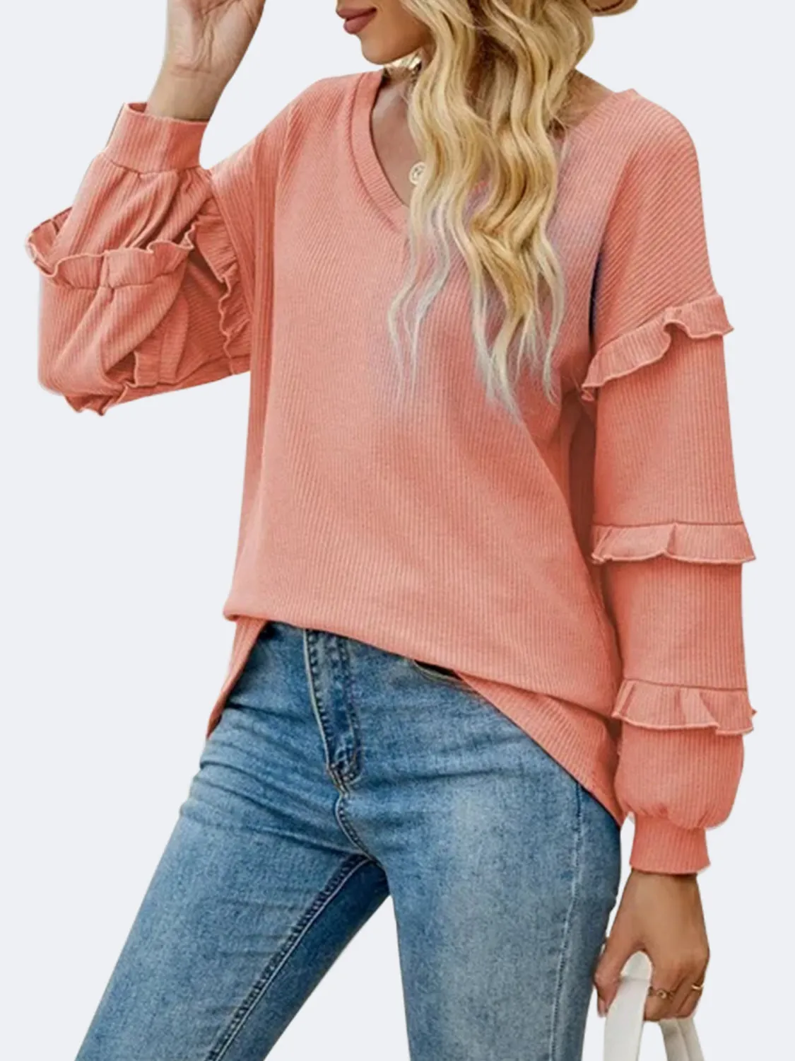 Harlow Ruffled V-Neck Long Sleeve T-Shirt