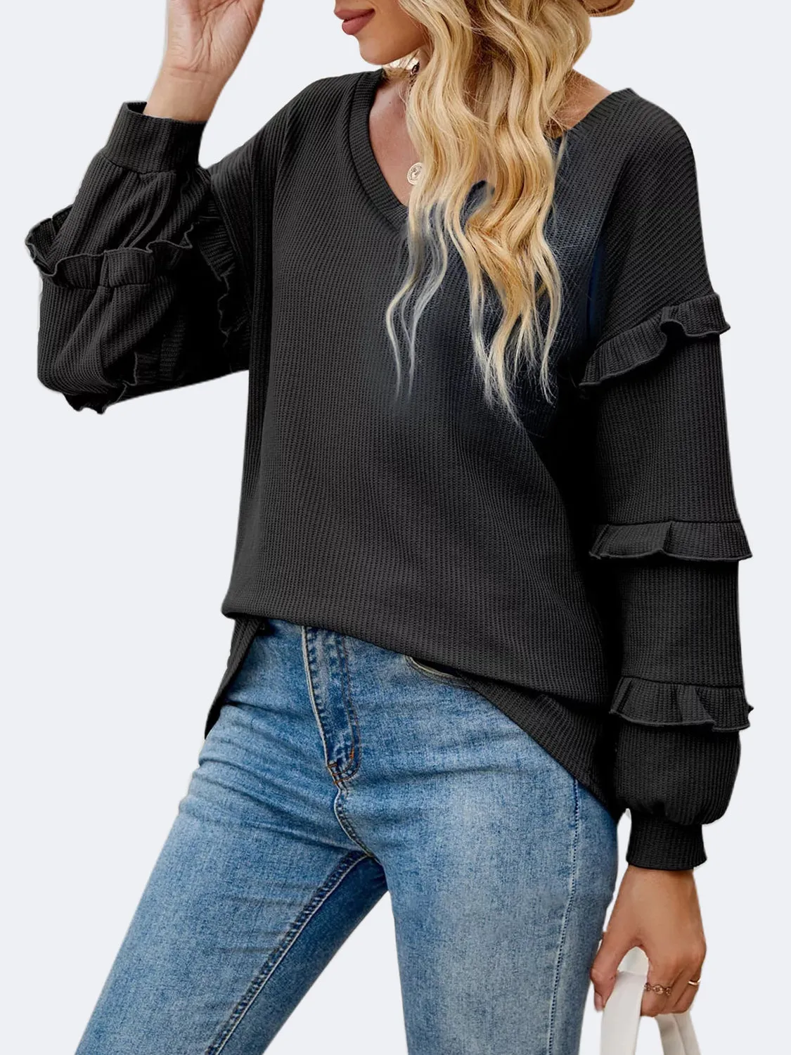 Harlow Ruffled V-Neck Long Sleeve T-Shirt