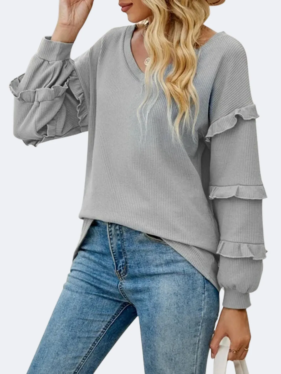 Harlow Ruffled V-Neck Long Sleeve T-Shirt