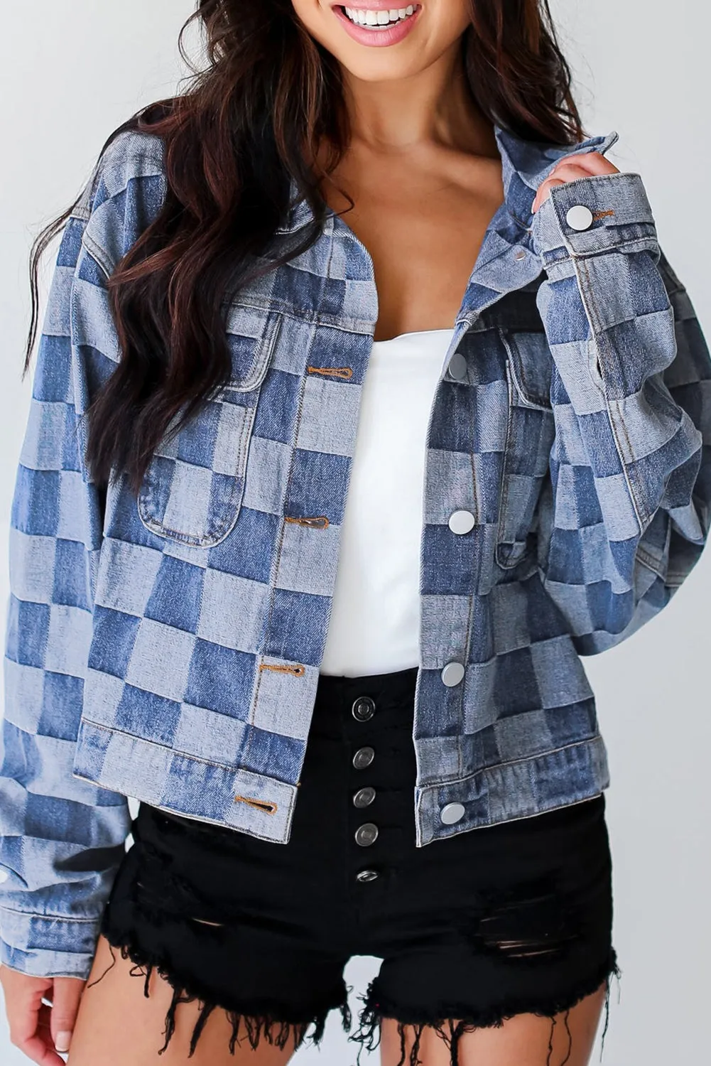 Harper Checkered Button Up Denim Jacket