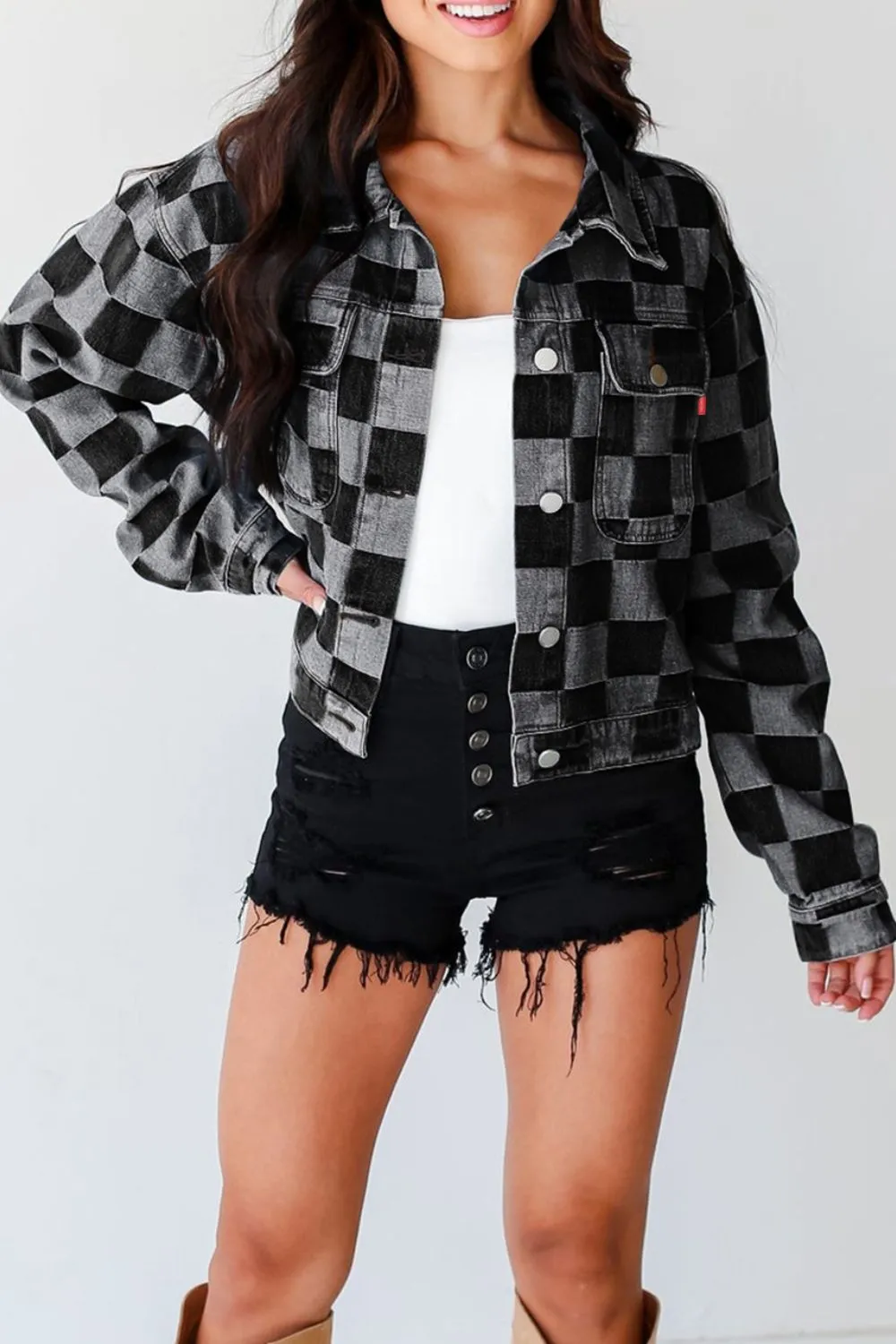 Harper Checkered Button Up Denim Jacket