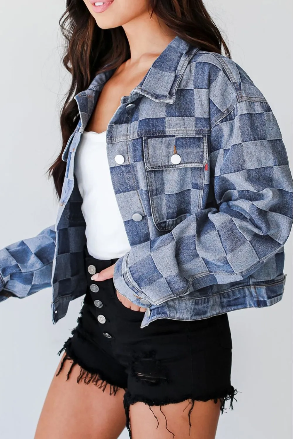 Harper Checkered Button Up Denim Jacket