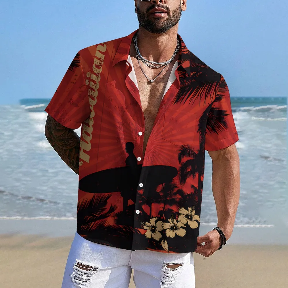 Hawaiian Surfing Boy Silhouette Print Short Sleeve Shirt 2501002552