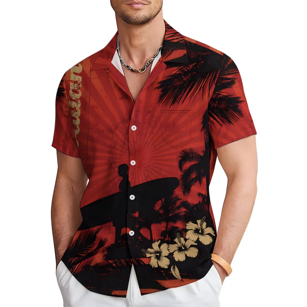 Hawaiian Surfing Boy Silhouette Print Short Sleeve Shirt 2501002552
