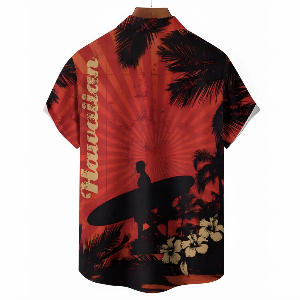 Hawaiian Surfing Boy Silhouette Print Short Sleeve Shirt 2501002552