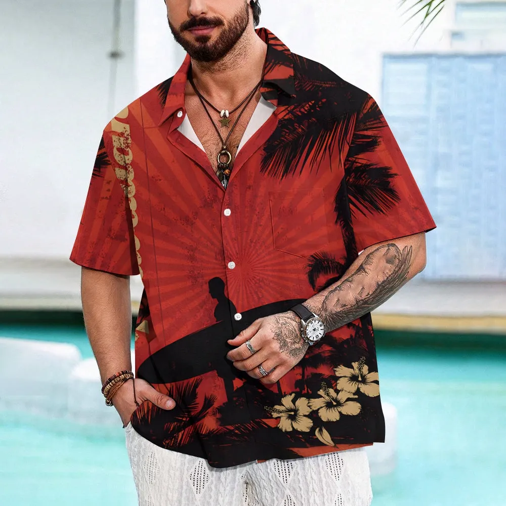 Hawaiian Surfing Boy Silhouette Print Short Sleeve Shirt 2501002552