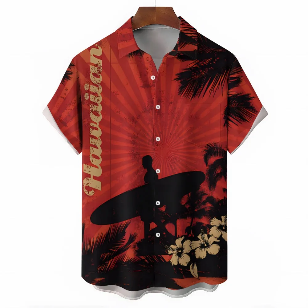 Hawaiian Surfing Boy Silhouette Print Short Sleeve Shirt 2501002552