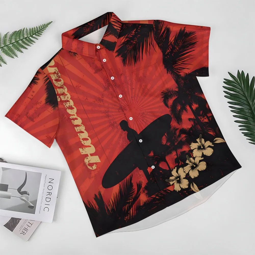 Hawaiian Surfing Boy Silhouette Print Short Sleeve Shirt 2501002552
