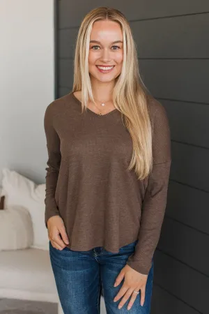 Hello To Happiness V-Neck Top- Dark Mocha
