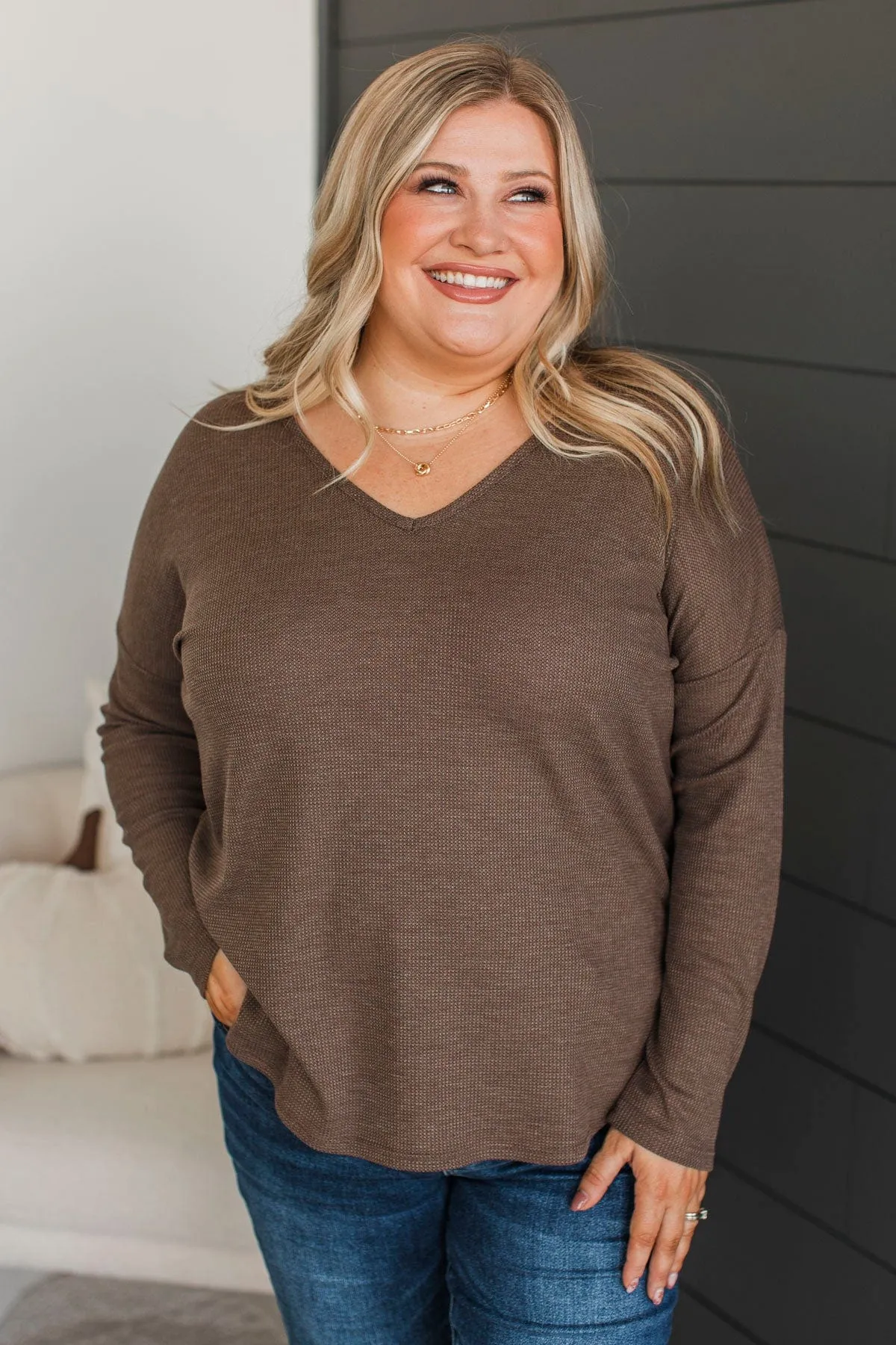 Hello To Happiness V-Neck Top- Dark Mocha