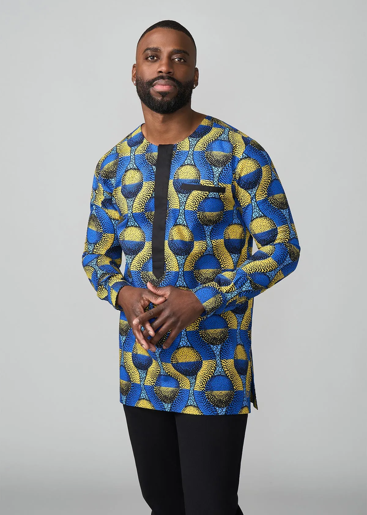 Ibrahim African Print Traditional Top (Blue Gold Circles)