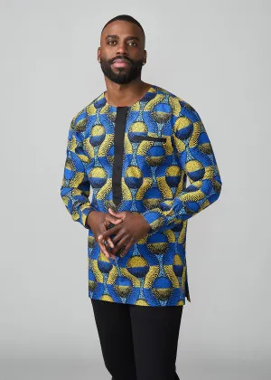 Ibrahim African Print Traditional Top (Blue Gold Circles)