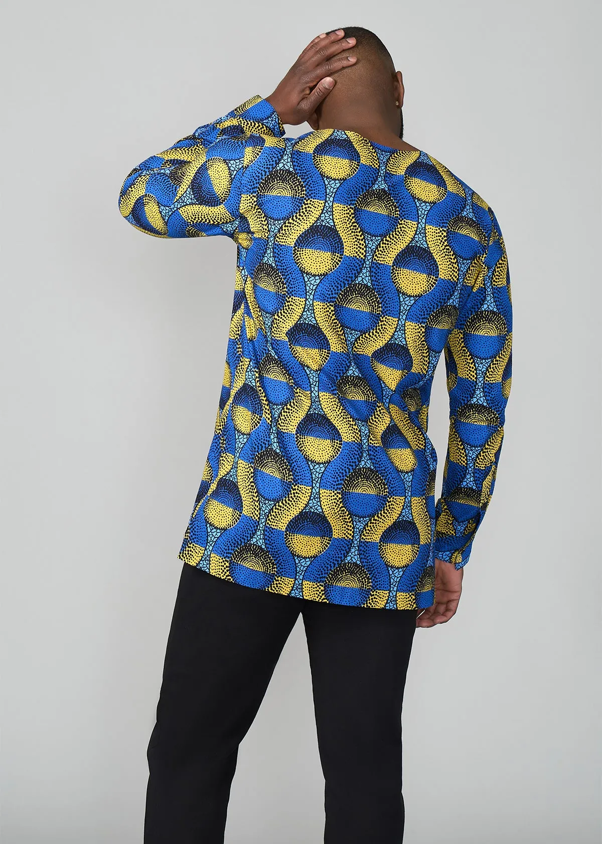 Ibrahim African Print Traditional Top (Blue Gold Circles)