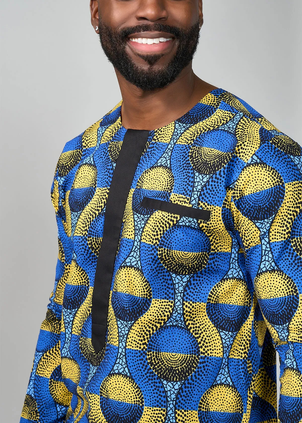 Ibrahim African Print Traditional Top (Blue Gold Circles)