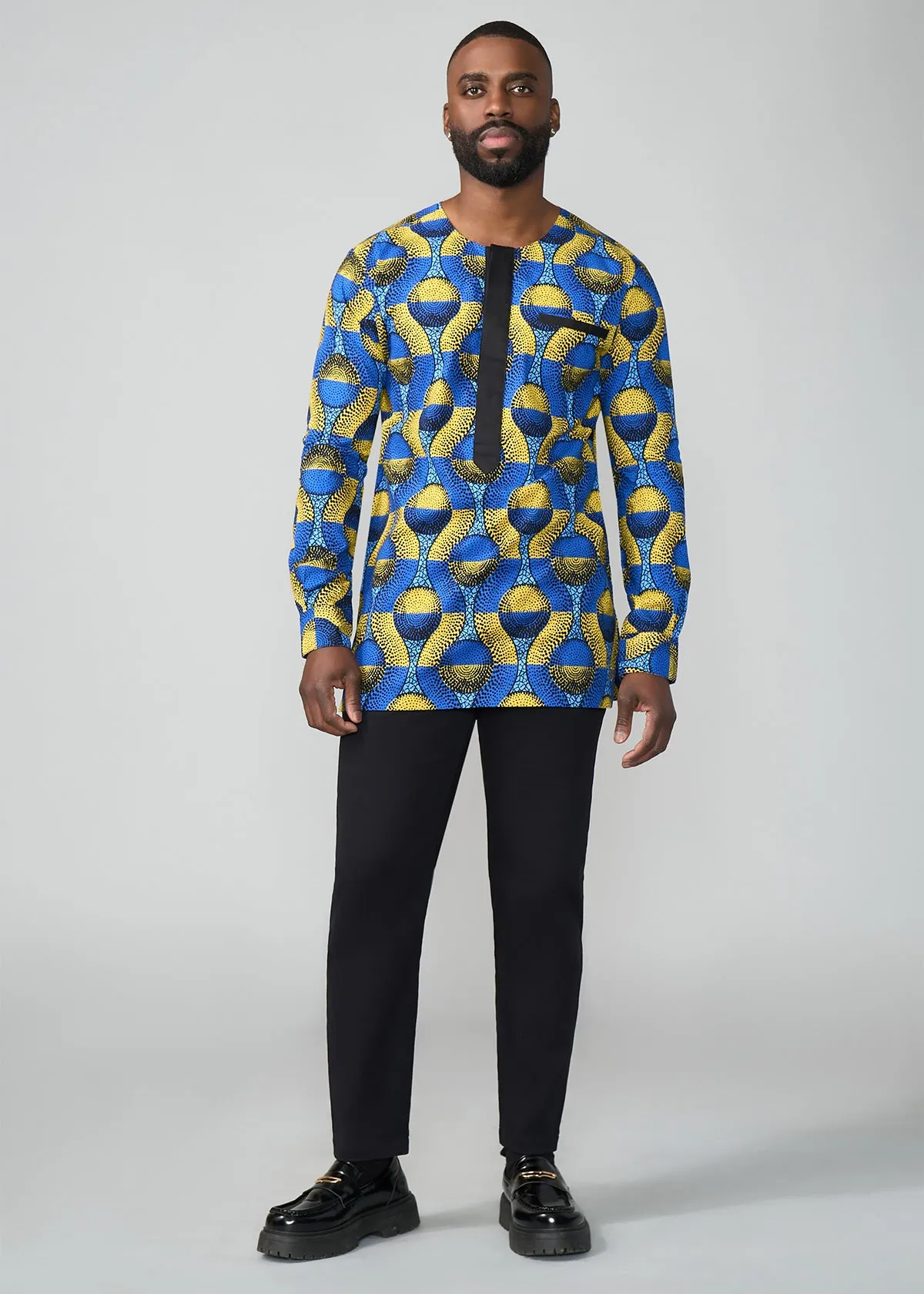 Ibrahim African Print Traditional Top (Blue Gold Circles)