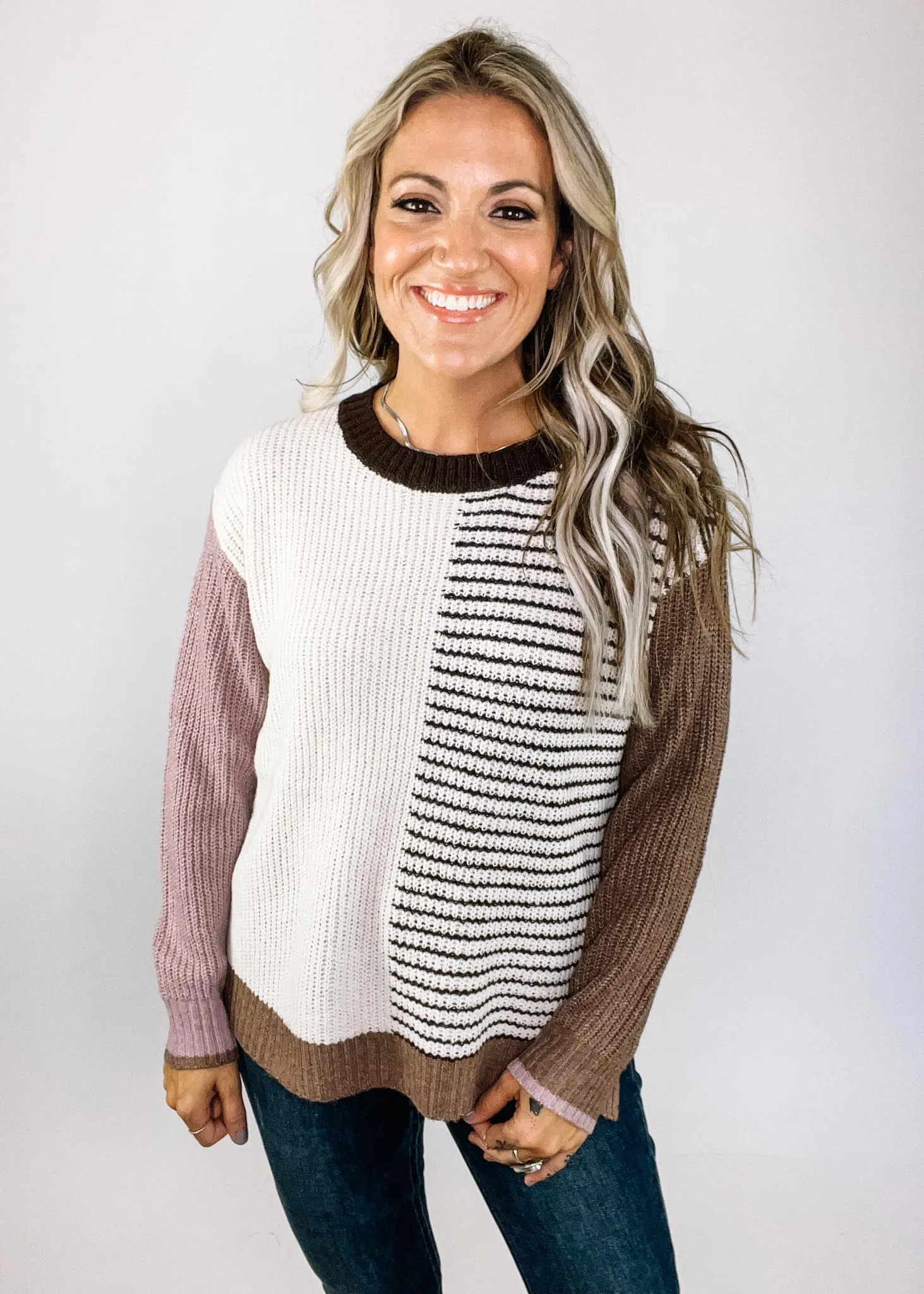 Ivory and Brown Blocked Knit Sweater