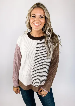 Ivory and Brown Blocked Knit Sweater