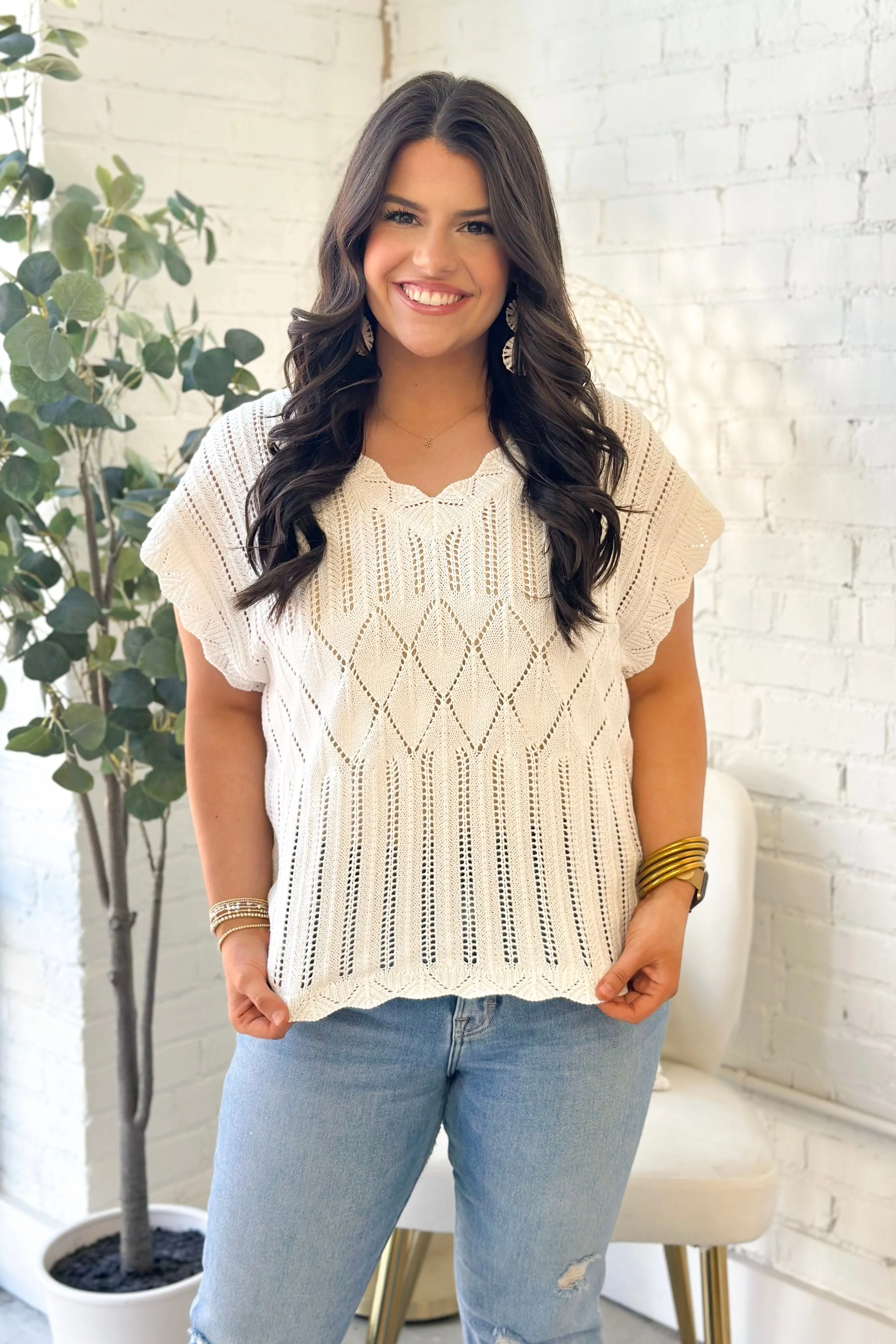 Ivory Scallop V-Neck Knit Sweater