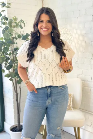 Ivory Scallop V-Neck Knit Sweater