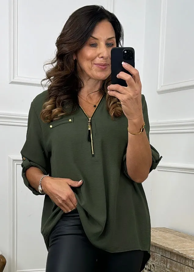 Jocasta Khaki Zip Detail Top