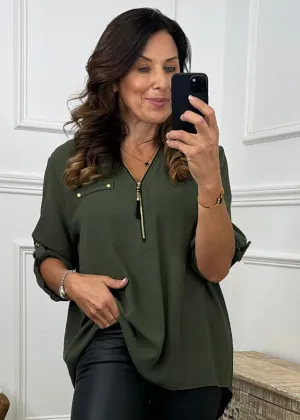 Jocasta Khaki Zip Detail Top