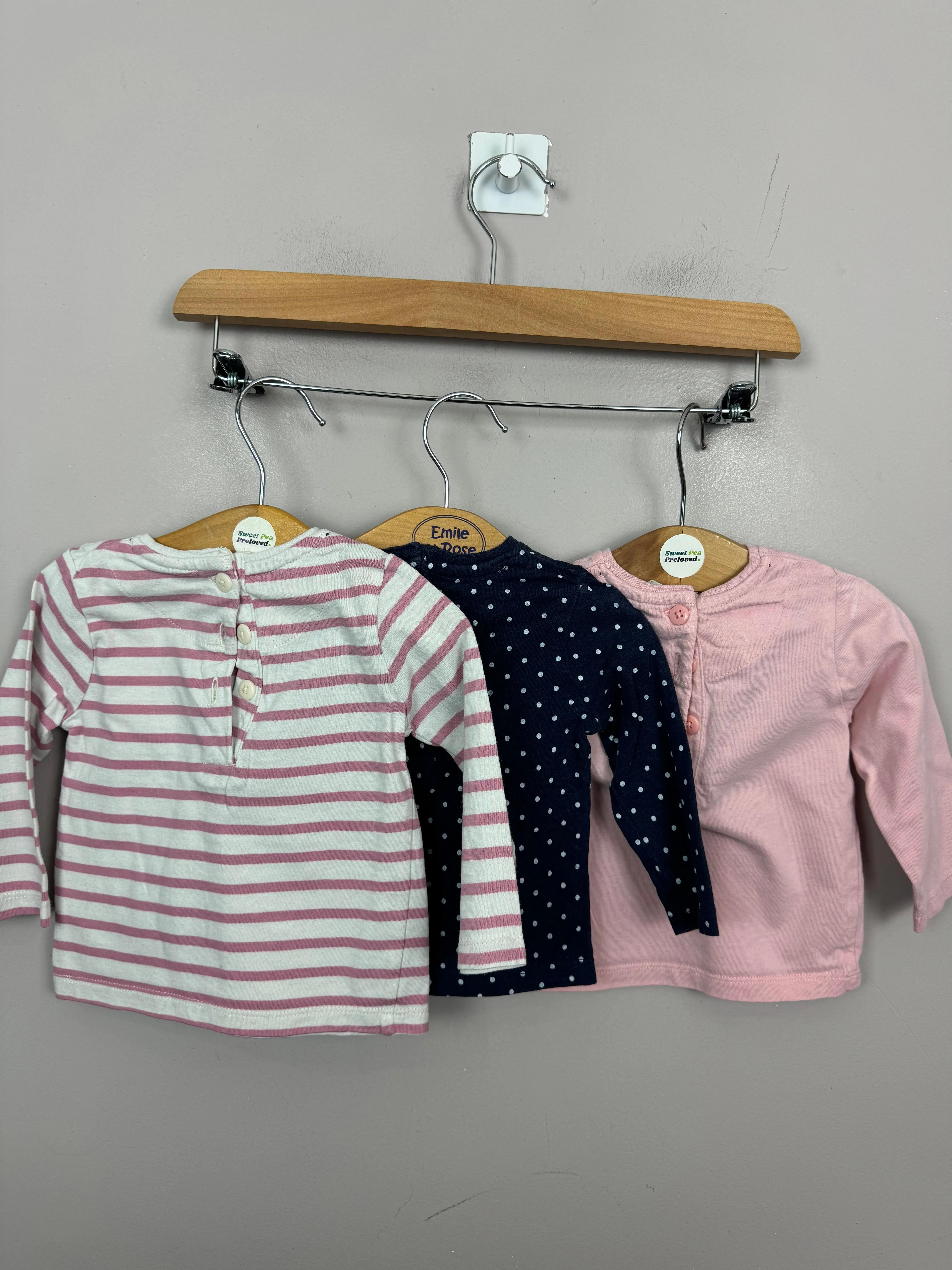 John Lewis 3 long sleeve navy/pink t-shirts 0-3m