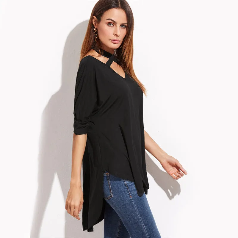 Krista Crisscross Collar Black Shirt