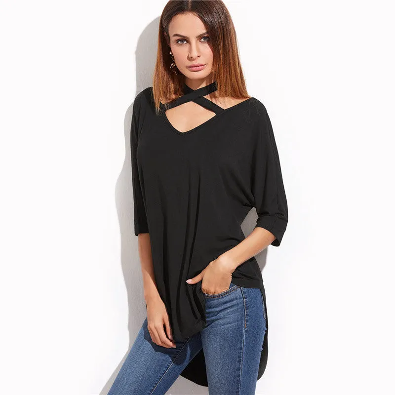 Krista Crisscross Collar Black Shirt