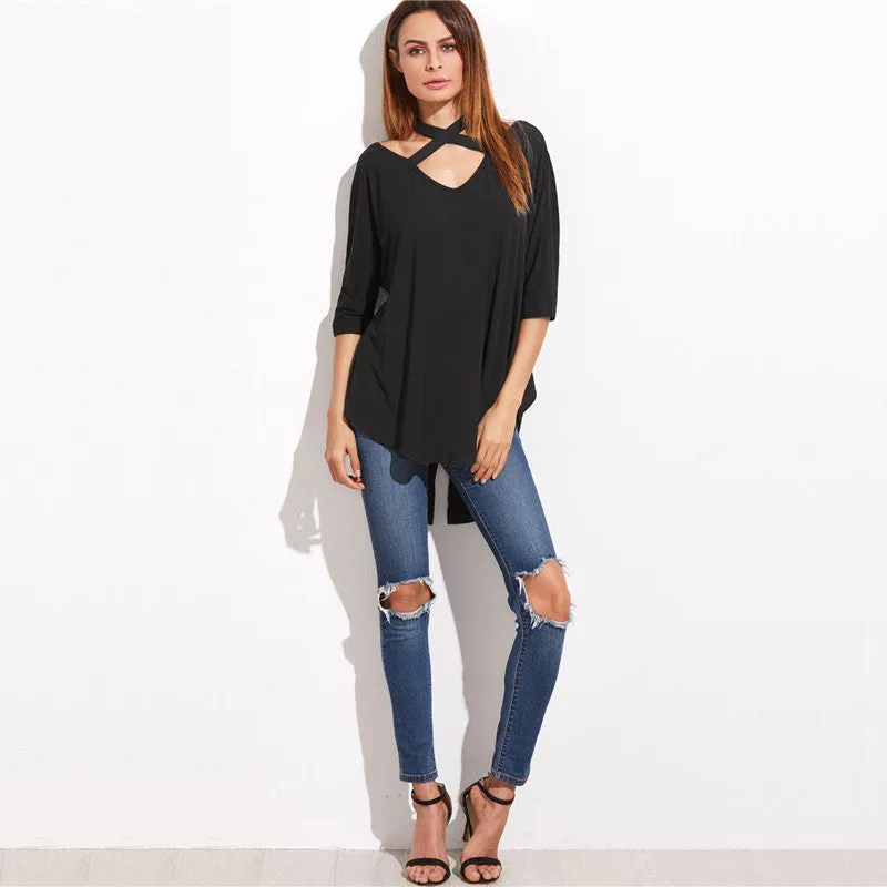 Krista Crisscross Collar Black Shirt