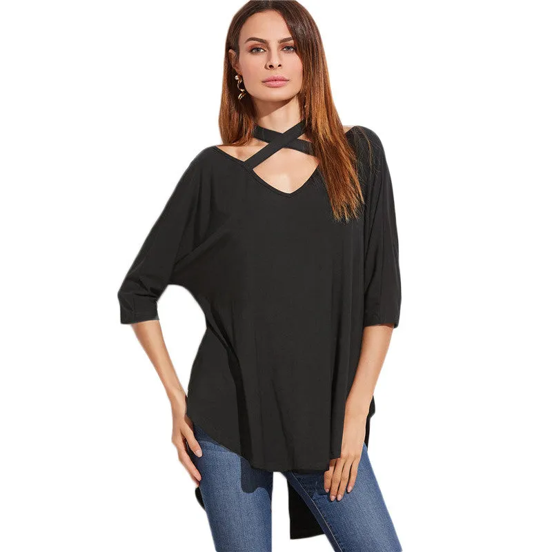 Krista Crisscross Collar Black Shirt