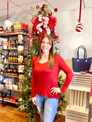 Ladies V-Neck HI-Lo Top in Cardinal Red