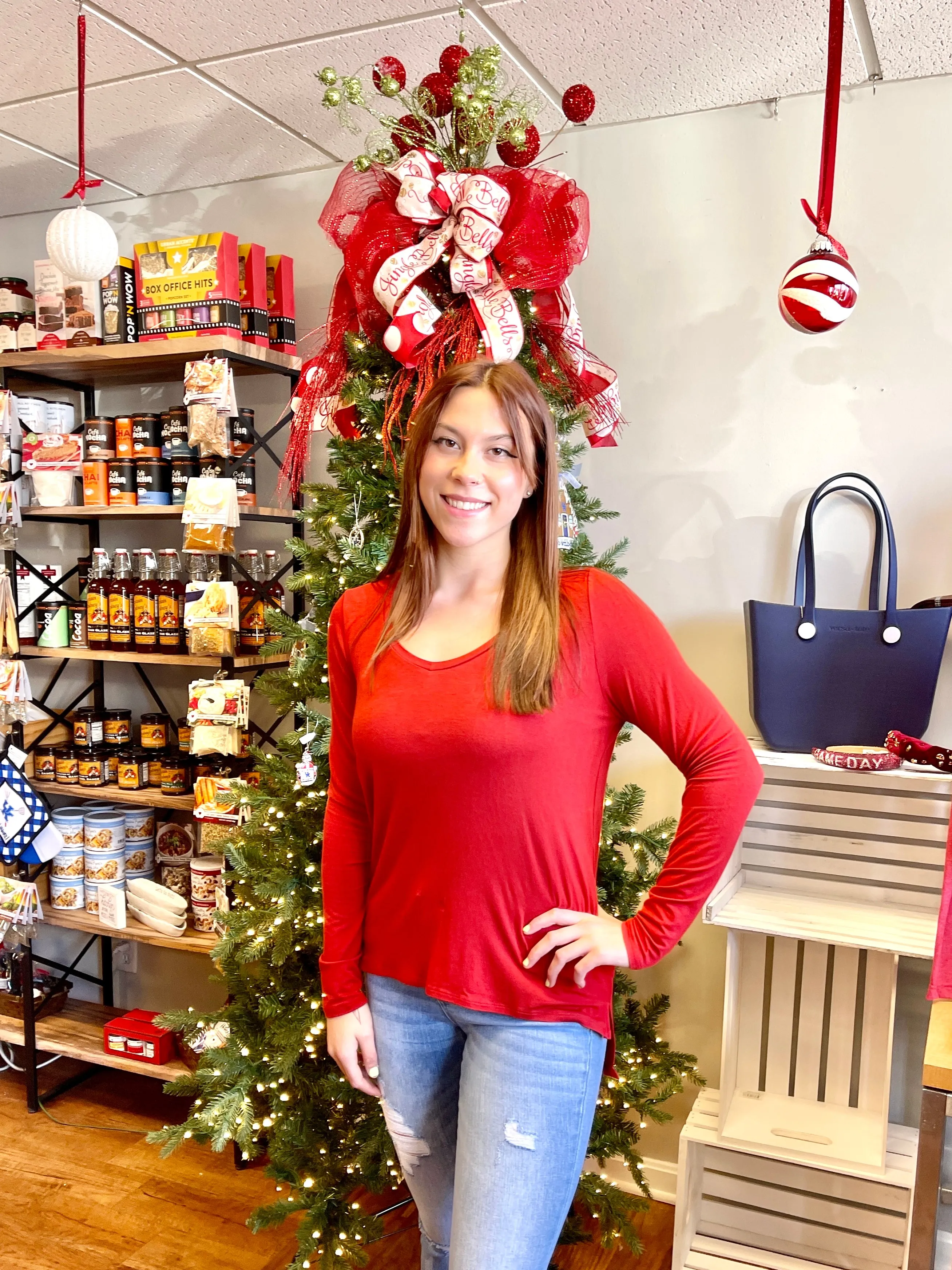 Ladies V-Neck HI-Lo Top in Cardinal Red