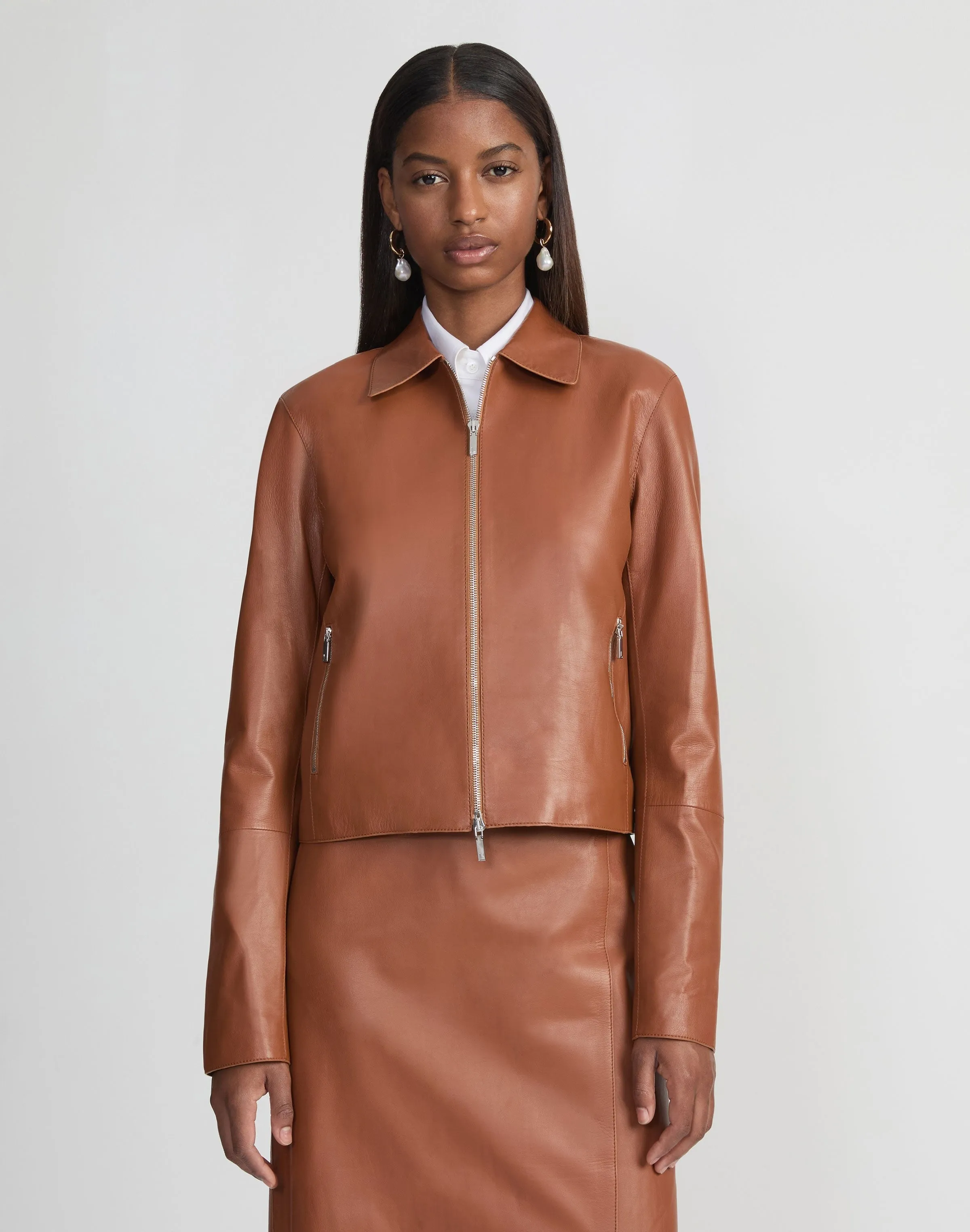Lafayette 148 Nappa Lambskin Leather Zip Cropped Jacket in Copper