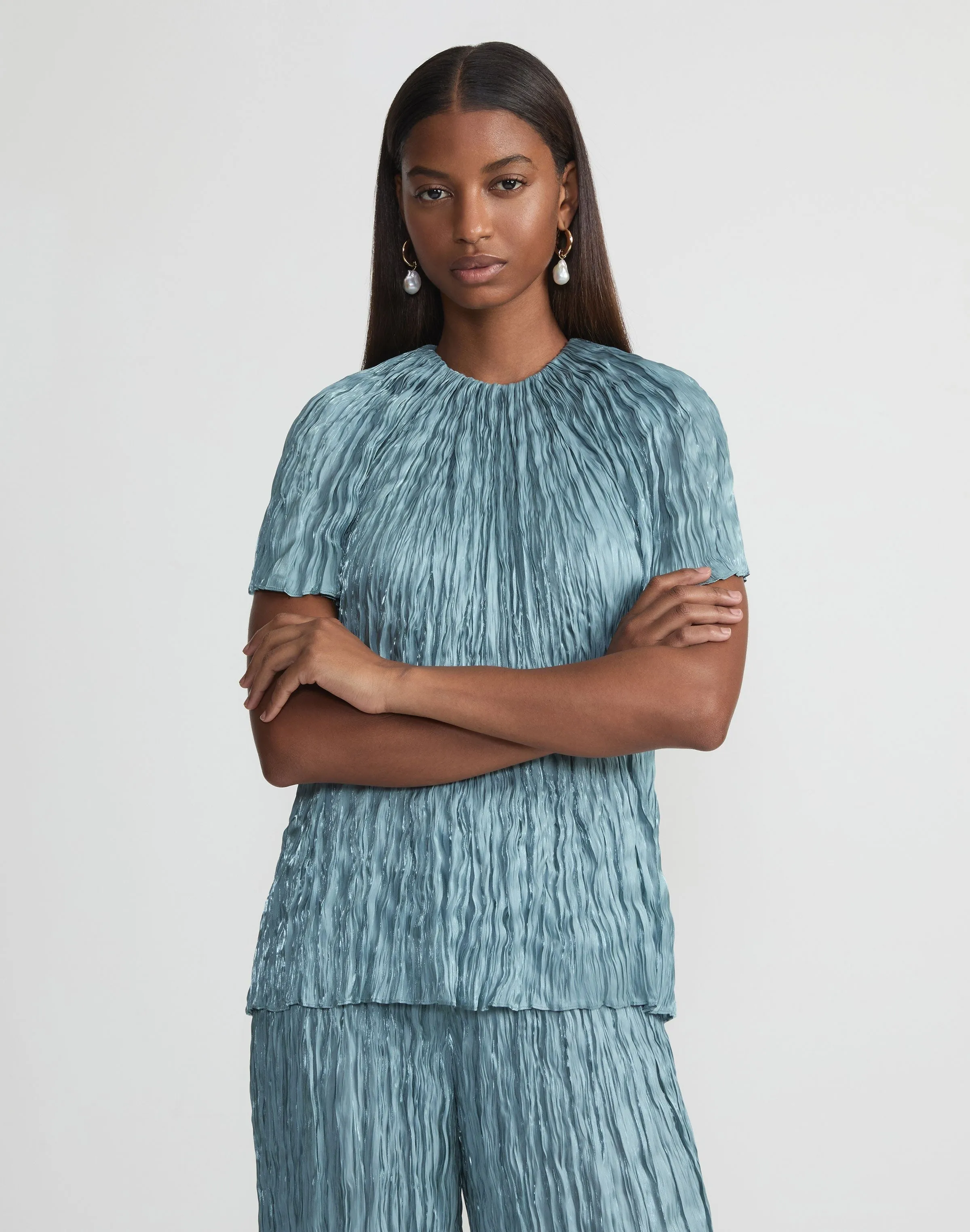 Lafayette 148 Short Sleeve Plissé Blouse in Lagoon Green