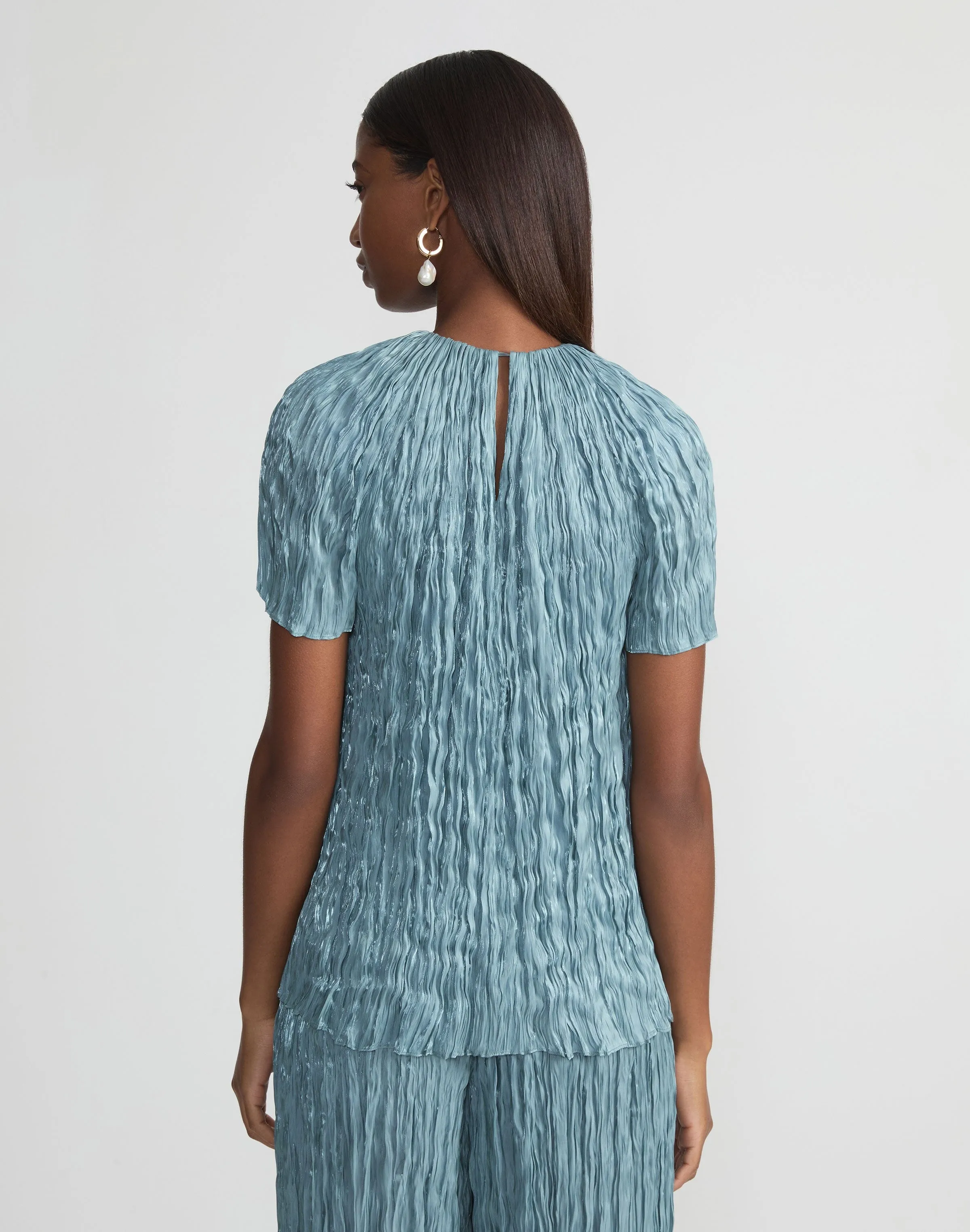 Lafayette 148 Short Sleeve Plissé Blouse in Lagoon Green