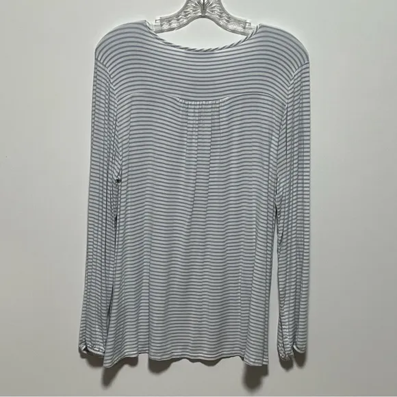 LAKE STUDIO Soft Blue white Striped V-Neck tie front long sleeve pajama Top