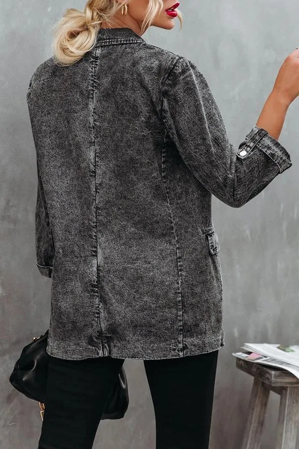 Lapel Bracelet Sleeve Washed Denim Blazer