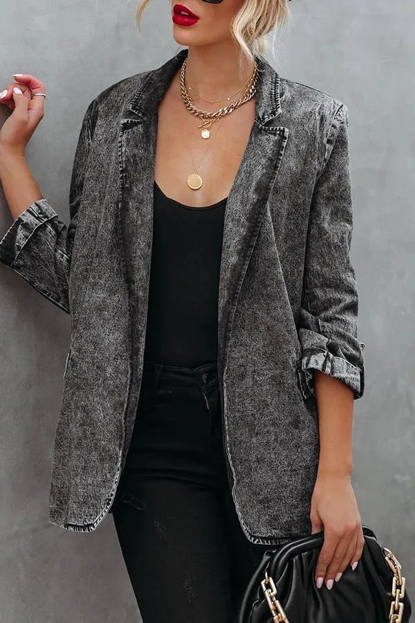 Lapel Bracelet Sleeve Washed Denim Blazer