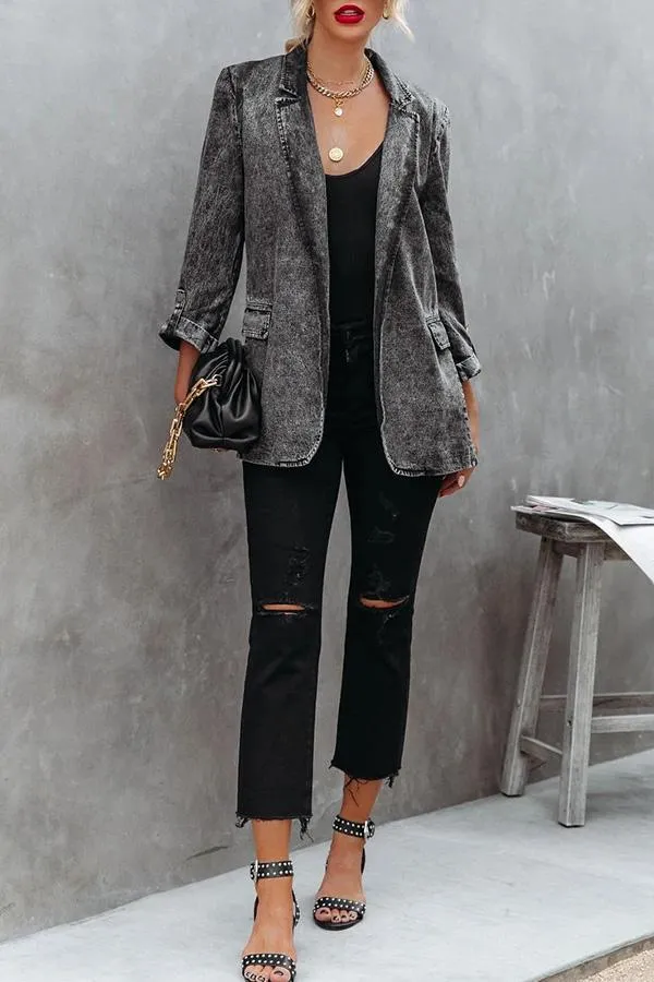 Lapel Bracelet Sleeve Washed Denim Blazer